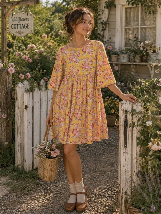 Jane Valken Dresses & Skirts - Jane Valken Cotton Floral A-Line Teired 3/4 Belled Sleeved Midi Dress NWOT